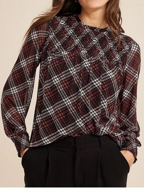 Maurices Melody Mesh Plaid Top Womens Medium Smocked Detail Blouson Sleeves